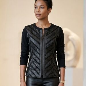 PICADILLY🖤Fashion FAUX LEATHER Black  Chevron DESIGN FullZip FITTED JACKET Sz M